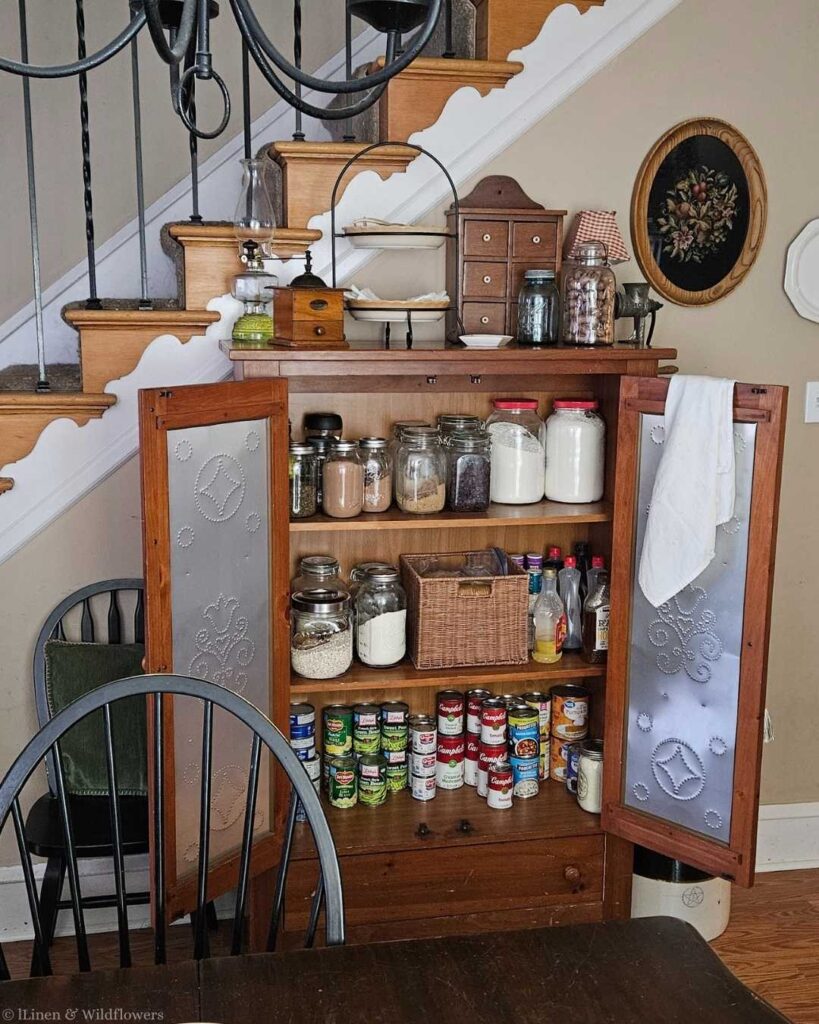 A rustic wooden cabinet, with open tin-panel doors, is filled with jars of dry goods and canned food. It's placed under a decorated staircase, giving a cozy, vintage kitchen vibe.