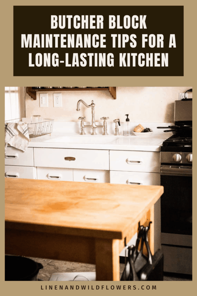 Cozy kitchen with a butcher block island, white cabinetry, and a stainless steel stove. A sign above reads “Butcher block maintenance tips.”