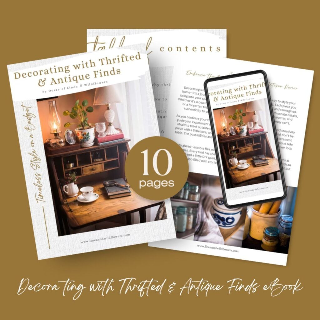 Image of a 10-page eBook titled 'Decorating with Thrifted & Antique Finds' showing a vintage-style desk with decor. Warm, inviting tone.