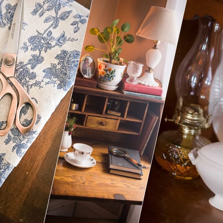 Collage of cozy vintage home decor including blue floral fabric, antique wooden desk styling, oil lamp, and thrifted cottage-inspired accents.