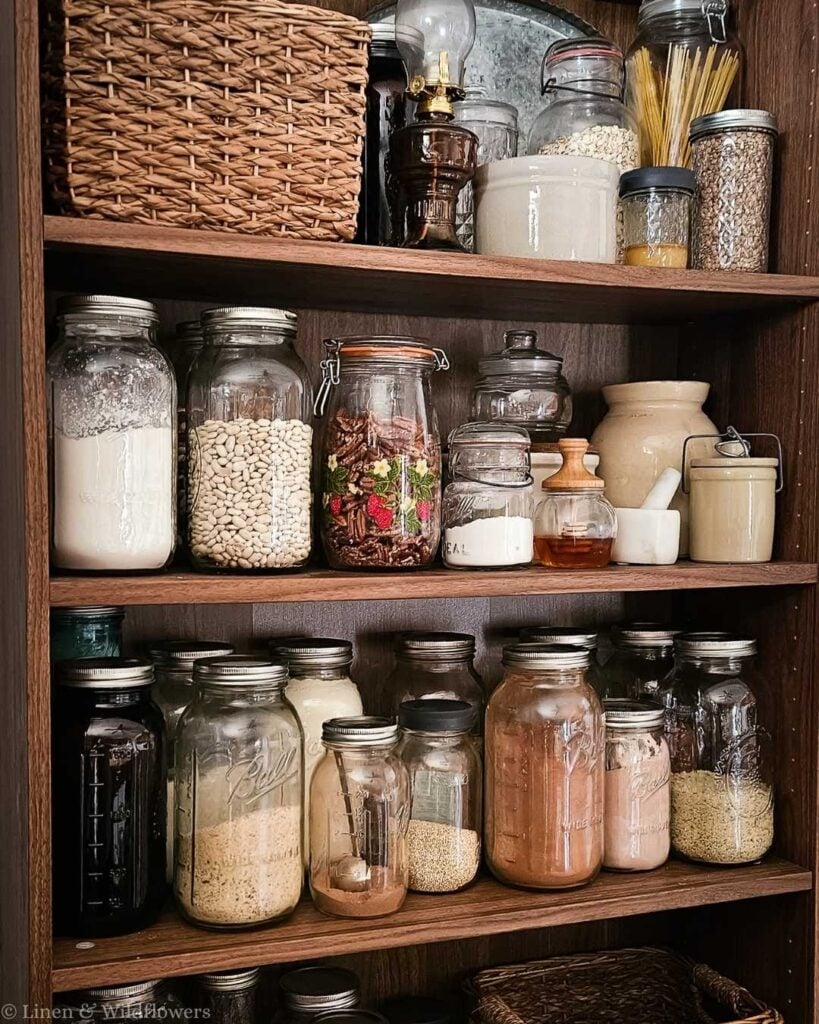 Wooden pantry shelves lined with glass jars filled with various dry goods, like beans, grains, and pasta. A woven basket sits on the top shelf, evoking a rustic, organized kitchen atmosphere.