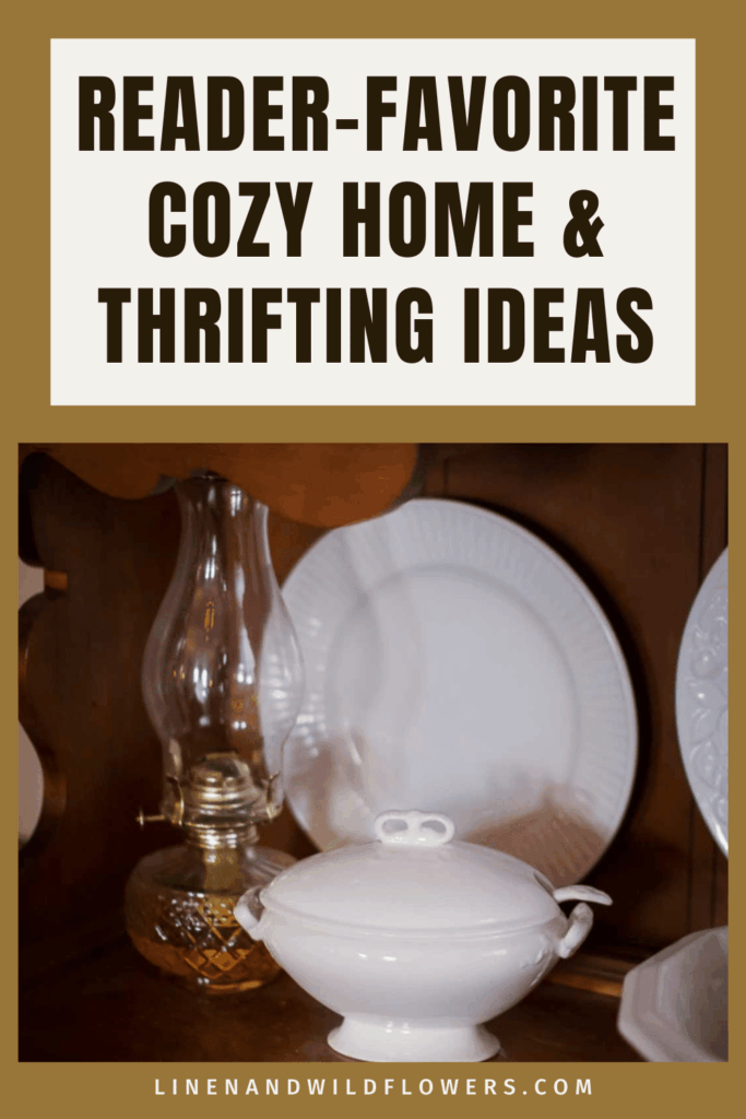 Collage of reader-favorite cozy home and thrifting blog posts featuring vintage decor, cottage-style styling, thrift store finds, and warm, collected home interiors.