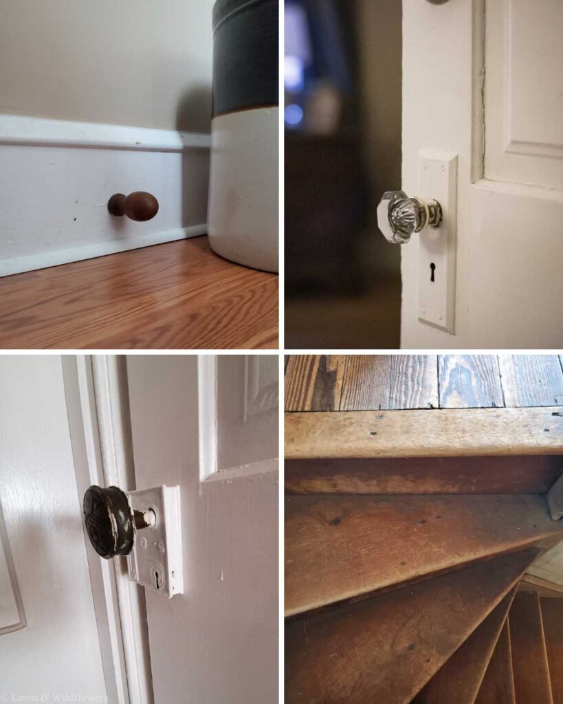 Four images show rustic home features: a wooden doorstop, a glass doorknob with a keyhole, a vintage metal doorknob, and worn wooden stairs.