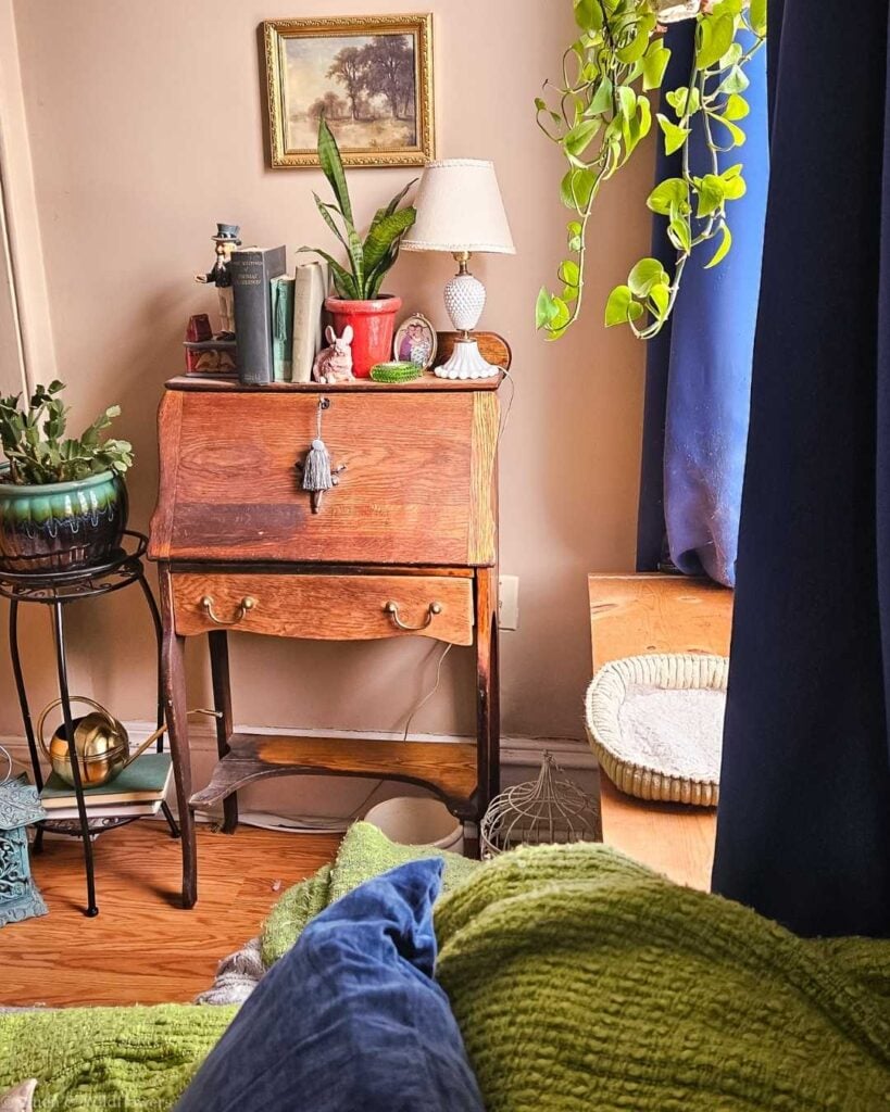 Thrifted home decor styled in a cozy corner with a vintage desk, plants, and soft natural light.
