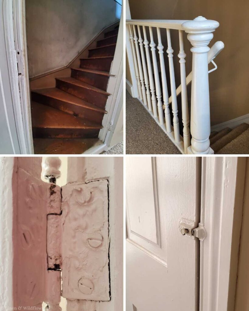 A four-part collage showing home interior details: worn wooden stairs, white-painted stair railing, close-up of a painted hinge, and a door latch. The tones are rustic and vintage.
