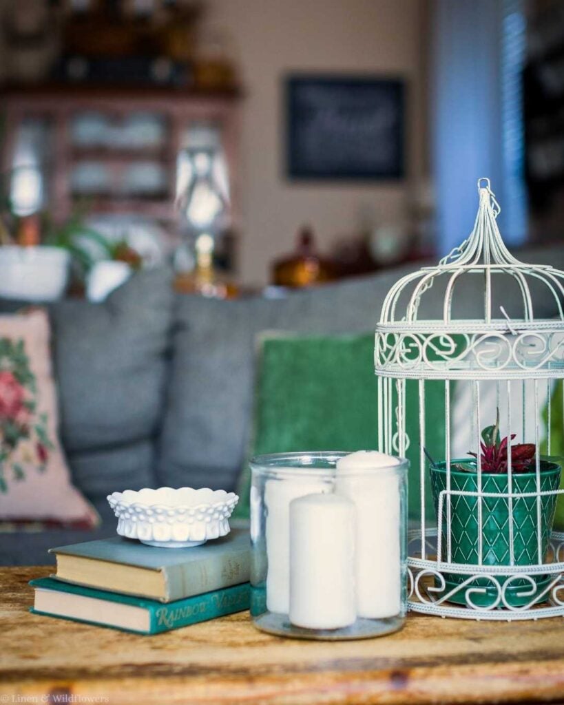 Cozy living room scene featuring a decorative white birdcage holding a small plant, glass-encased candles, and a stack of books on a wooden table.