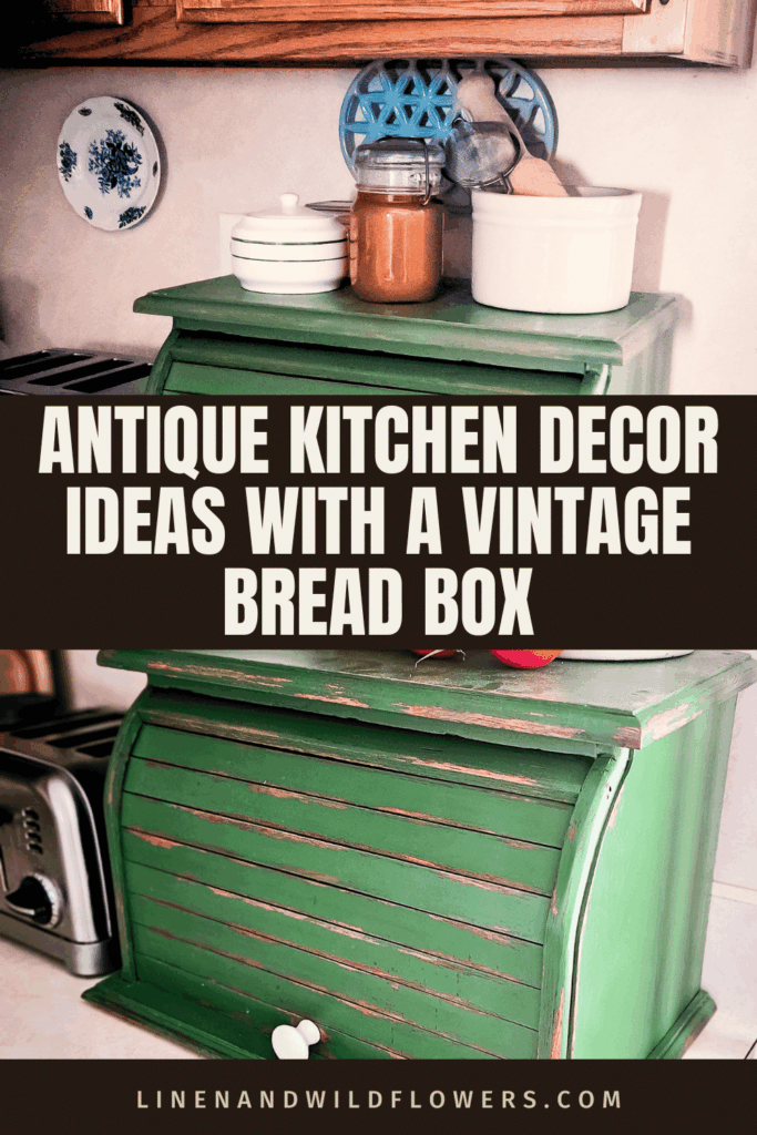 Green vintage bread box on a kitchen counter with jars, a ceramic canister, and a decorative plate. Text overlay: "Antique Kitchen Decor Ideas."