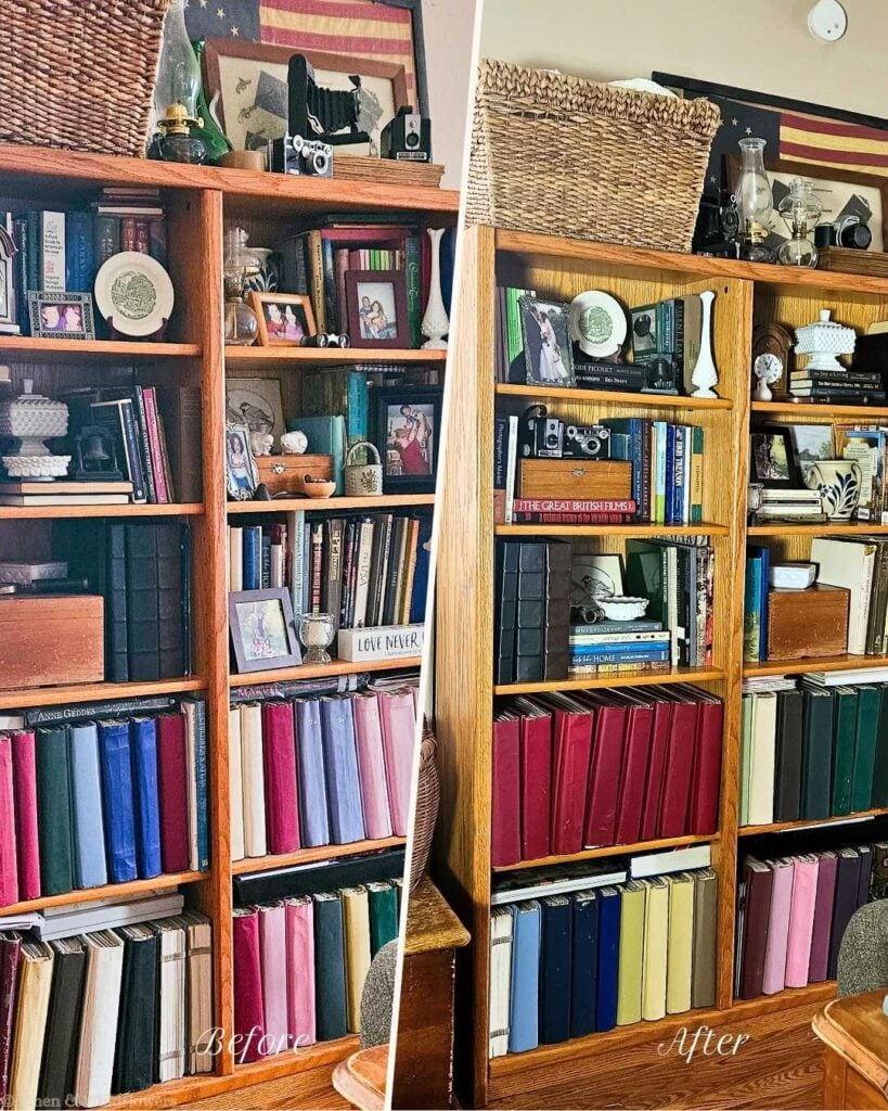 Before and after of an oak bookcase makeover using only items already owned — the cluttered before shows overcrowded shelves with mismatched frames and random decor, while the styled after reveals an organized, intentional arrangement of vintage books, milk glass, antique cameras, and curated collectibles in a cozy cottage living room.
