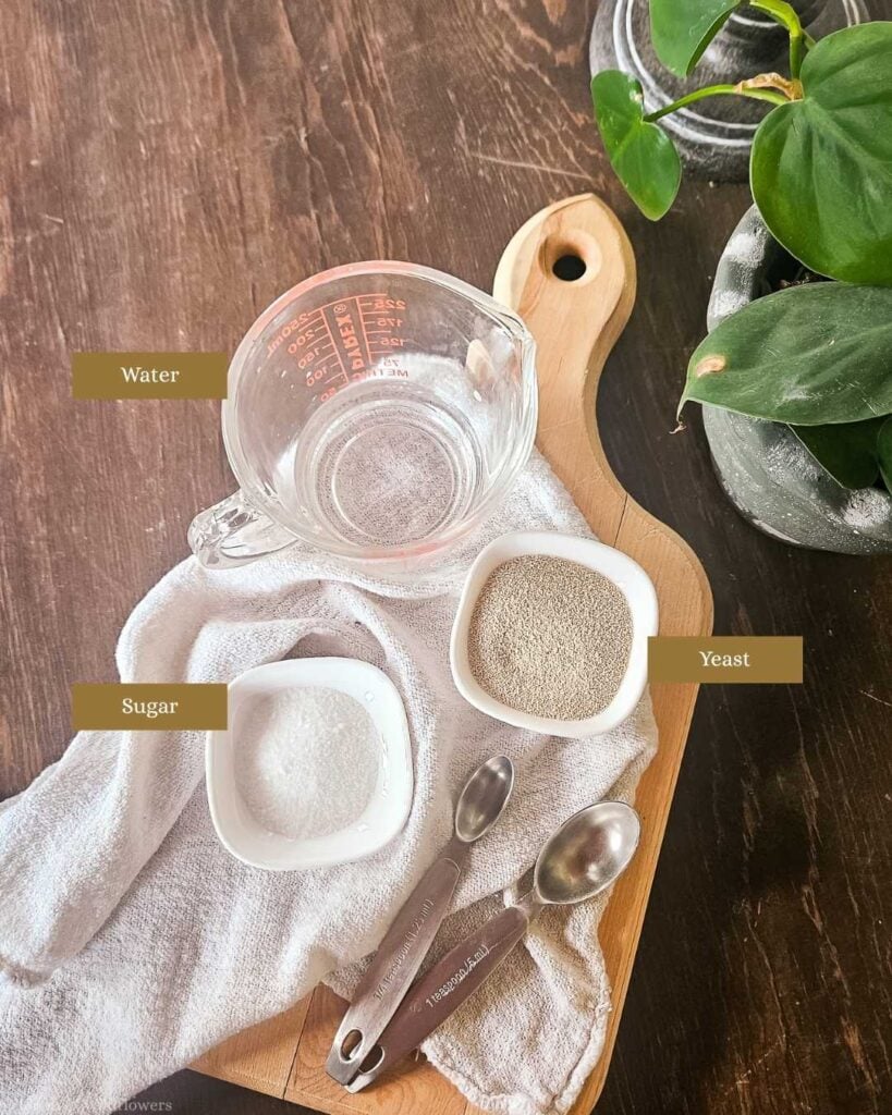 Overhead flat lay of three ingredients needed to test expired yeast — a Pyrex measuring cup of water, a small bowl of sugar, and a bowl of active dry yeast — labeled on a wooden cutting board with measuring spoons.