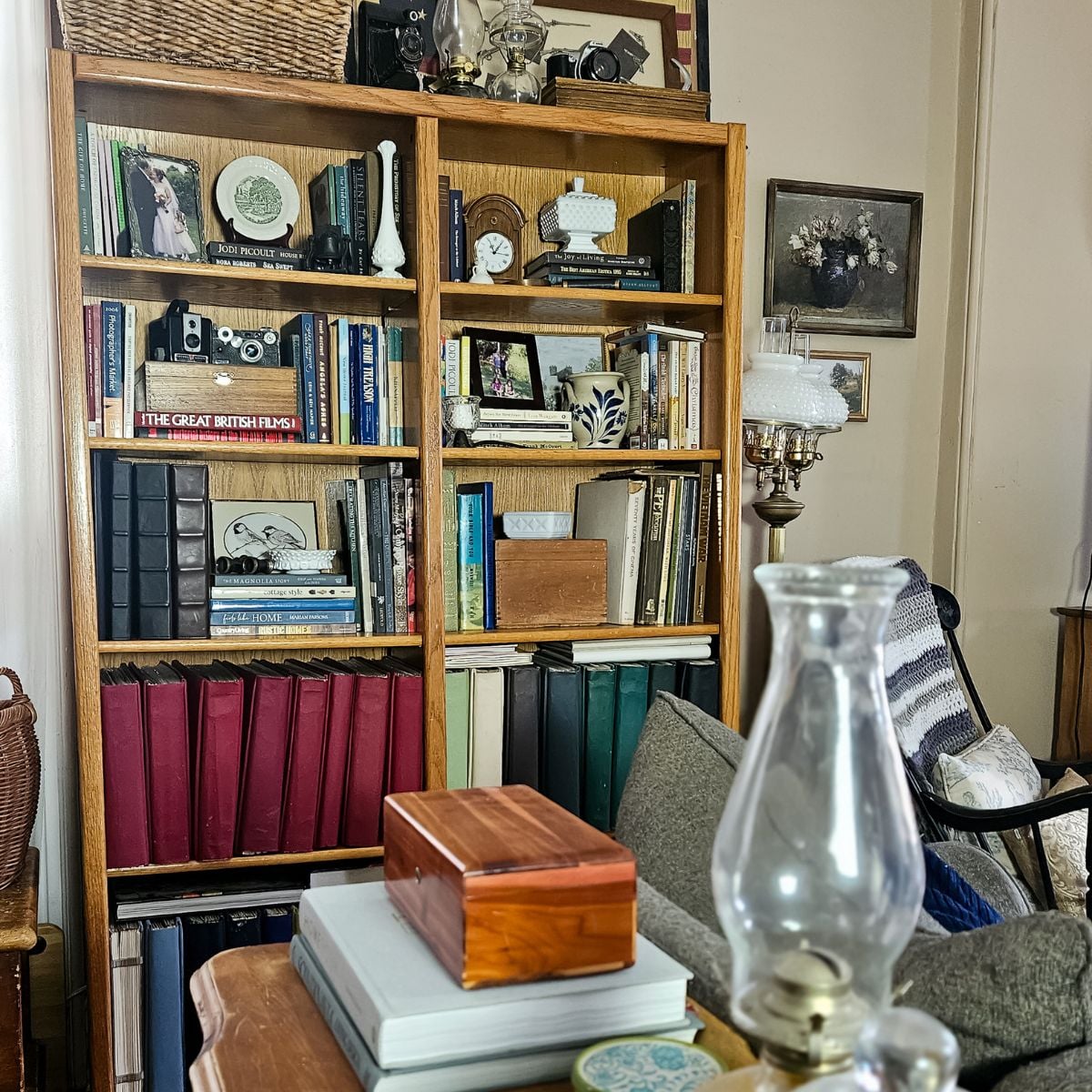 Cozy living room bookcase styled with dark leather journals, red vintage books, antique cameras, oil lamp chimney, and decorative collectibles using only items already owned.
