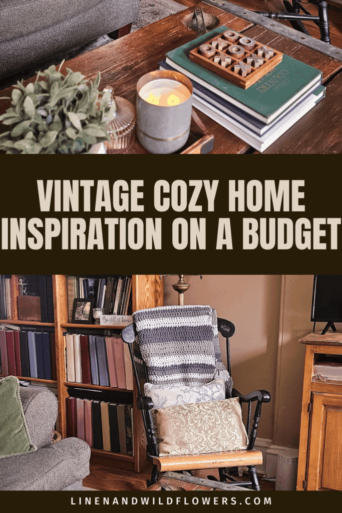 Cozy living room with a vintage theme; features a wooden coffee table with books, a plant, and a candle. Nearby, a cushioned rocking chair and bookshelf enhance the cozy feel. Text reads, "Vintage Cozy Home Inspiration on a Budget."