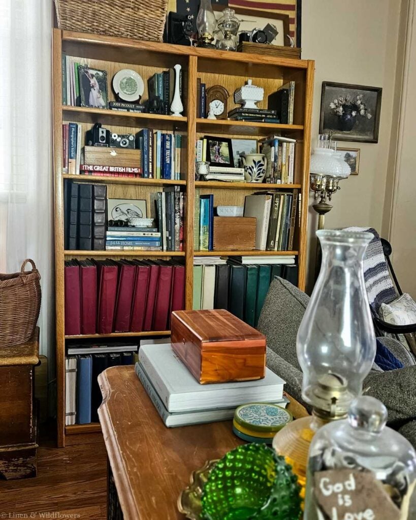 Collected home on a budget bookshelf styled with antique cameras, oil lamps, and vintage books.