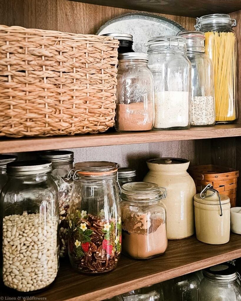Rustic farmhouse pantry shelves with glass mason jars holding beans, pasta, oats, and baking staples alongside a wicker storage basket and vintage stoneware crocks