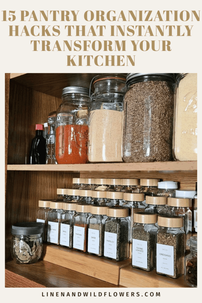 A neatly organized pantry shelf displays labeled glass jars of spices and grains. The text above reads, "15 Pantry Organization Hacks That Instantly Transform Your Kitchen." The wooden shelf adds warmth.