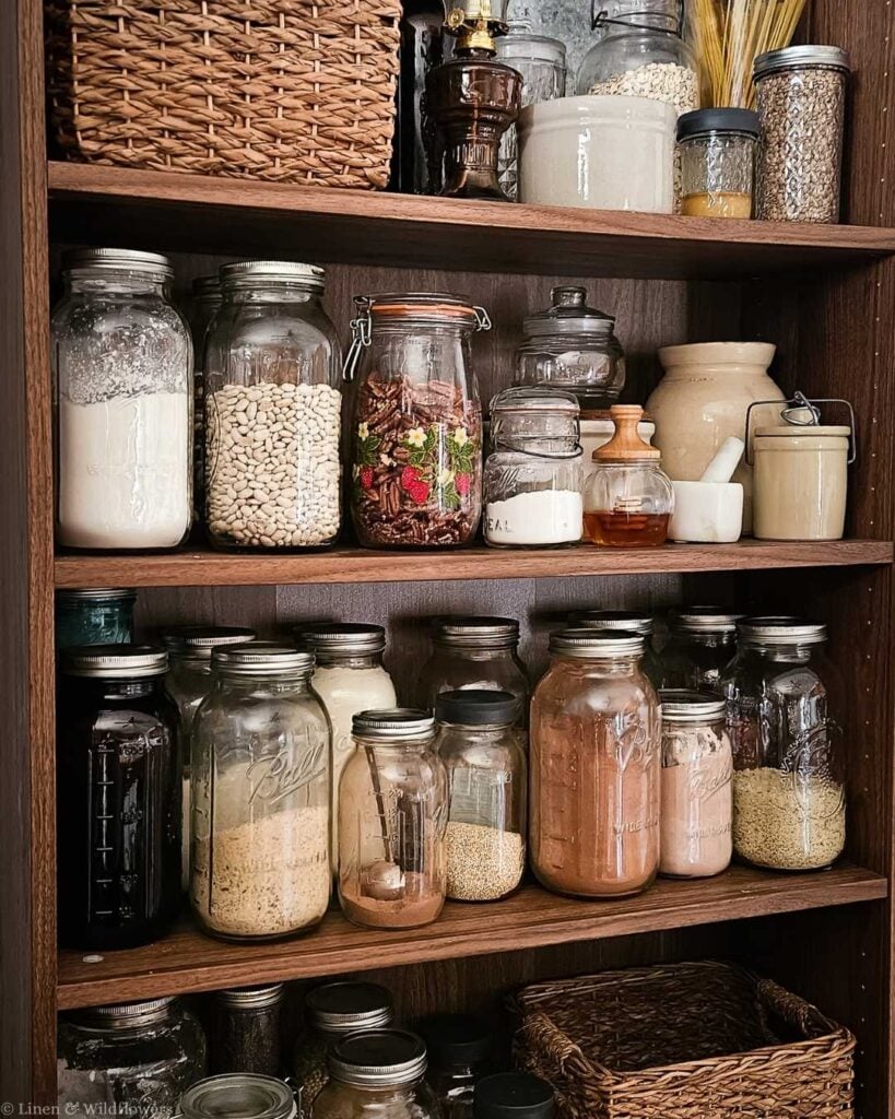 Close-up of rustic pantry shelves with Ball mason jars storing white beans, cocoa, grains, and a decorative clip-top jar with pecans, alongside vintage stoneware crocks and a wicker basket