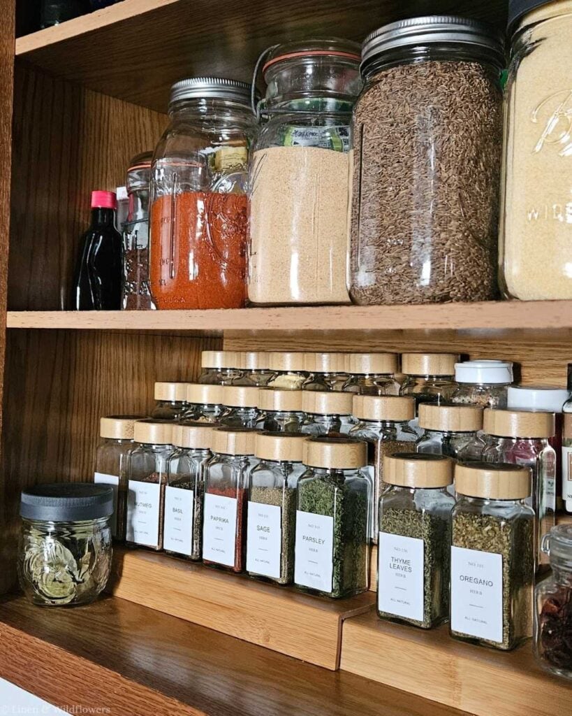 Organized pantry shelf with labeled glass spice jars with bamboo lids arranged on tiered risers, alongside large mason jars filled with grains and spices
