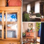 Cozy home ideas collage featuring a vintage oak china cabinet with quilts and wicker baskets, a farmhouse living room with layered pillows and green throw, and a thrifted writing desk vignette with trailing plants and antique lamp.