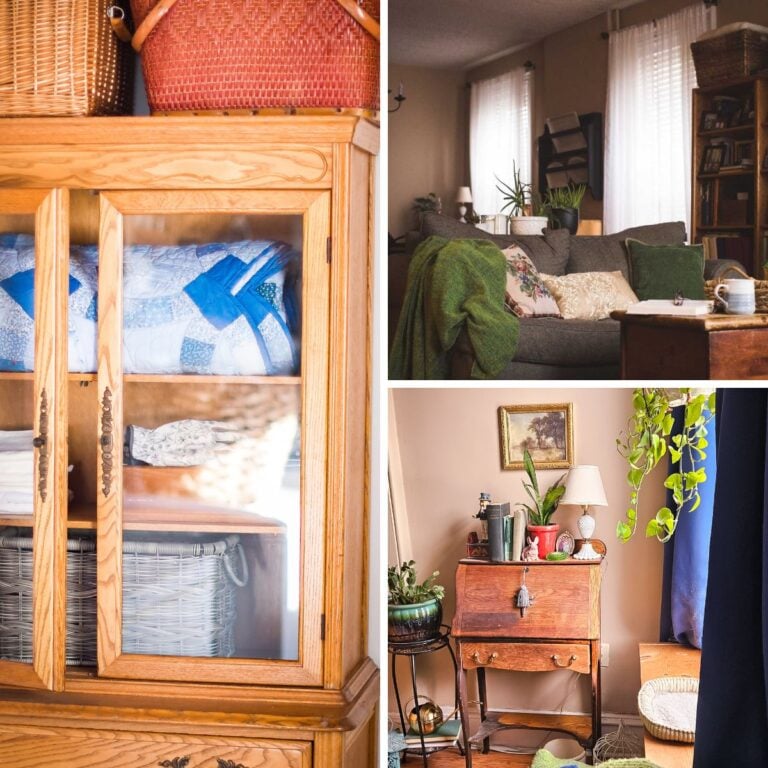 Cozy home ideas collage featuring a vintage oak china cabinet with quilts and wicker baskets, a farmhouse living room with layered pillows and green throw, and a thrifted writing desk vignette with trailing plants and antique lamp.