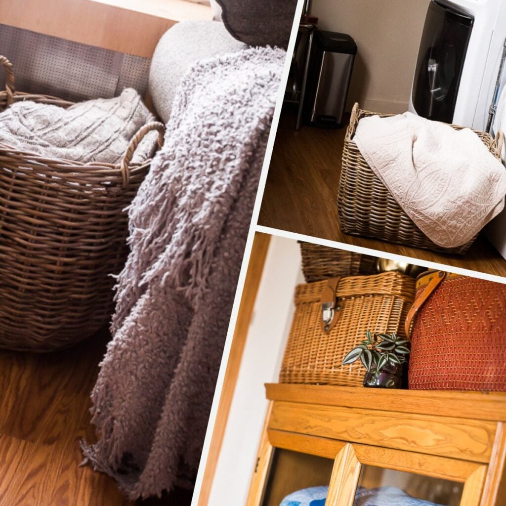 Collage of wicker baskets used for home storage, including a large basket holding cozy throw blankets, a laundry basket by the washing machine, and vintage baskets displayed on a cabinet.