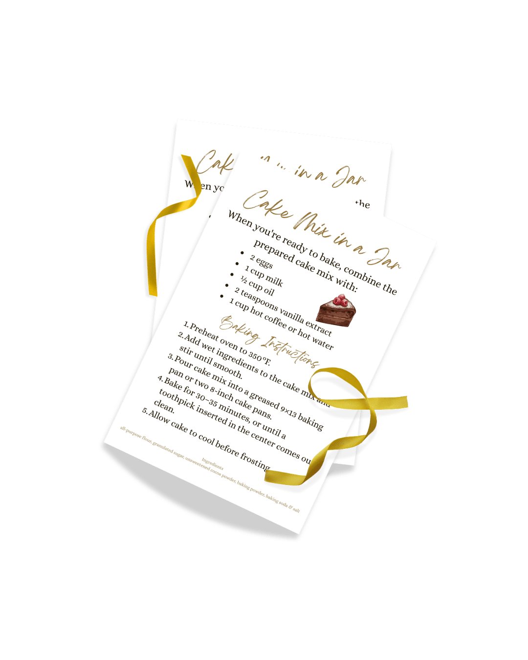 Cake mix in a jar gift printable with gold ribbon, showing baking instructions and ingredient list.