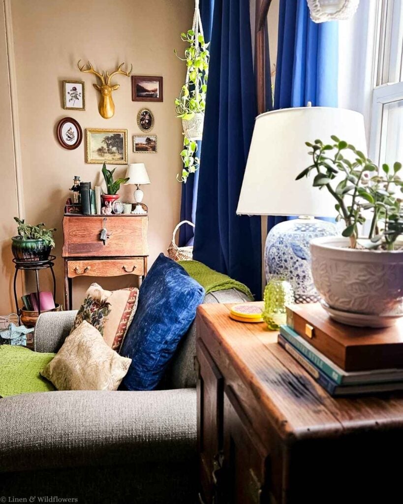 Cozy living room corner showing a vintage gallery wall, blue velvet curtains, and a jadeite plant on a wooden side table.