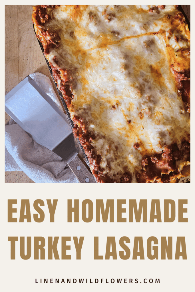 Easy homemade turkey lasagna Pinterest pin featuring a golden, bubbly baked cheese topping.
