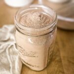 Homemade chocolate cake mix recipe stored in a Ball wide mouth mason jar.