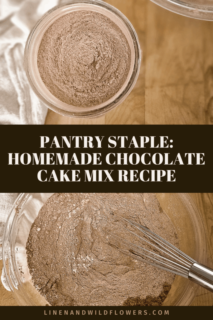 Pantry staple homemade chocolate cake mix recipe: overhead view of DIY cake mix in a glass jar above a whisk mixing dry ingredients in a glass bowl.