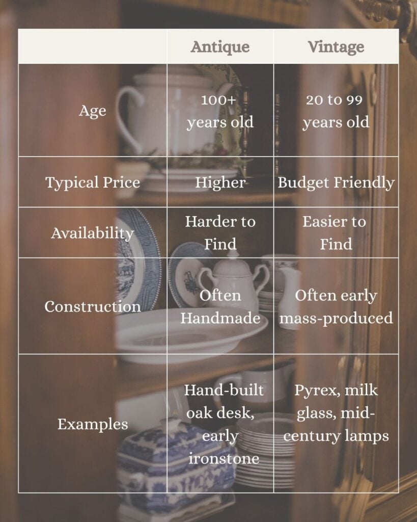 Antique vs. vintage comparison chart: antiques are 100+ years old, higher priced, harder to find, and often handmade; vintage is 20 to 99 years old, budget friendly, easier to find, and often early mass-produced.