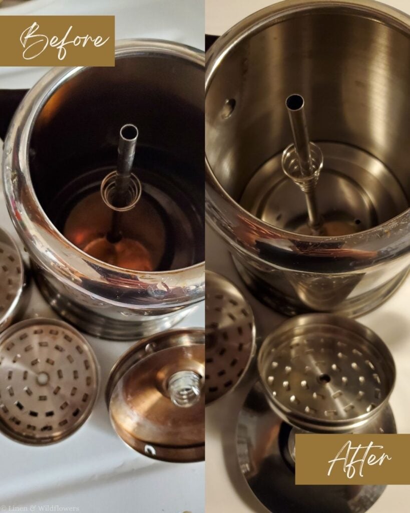 Before and after cleaning a stovetop percolator, showing a stained brown interior and shiny stainless steel.