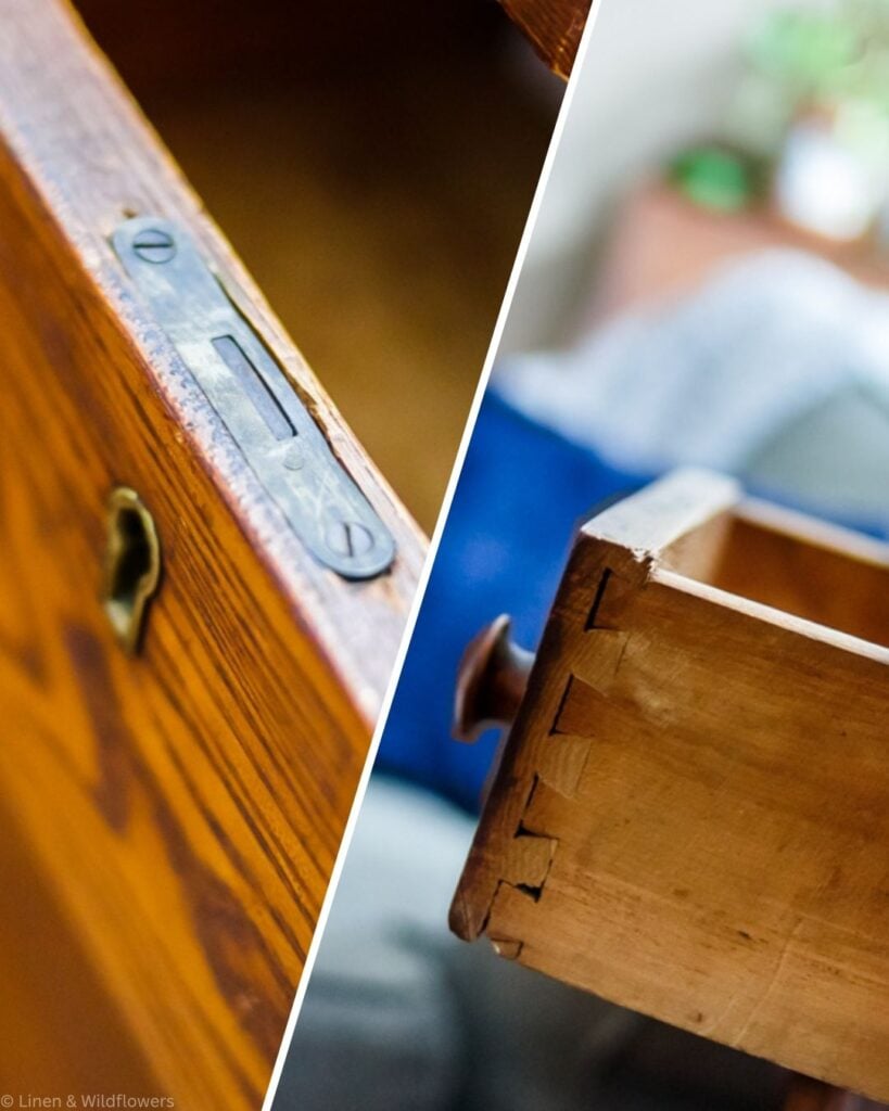 Close-up of a slotted-screw lock plate and a dovetail drawer joint, two clues for identifying antique furniture.