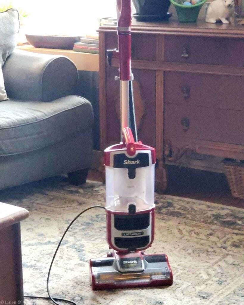 Shark Lift-Away upright vacuum cleaner on an area rug in a cozy living room for quick floor cleaning.