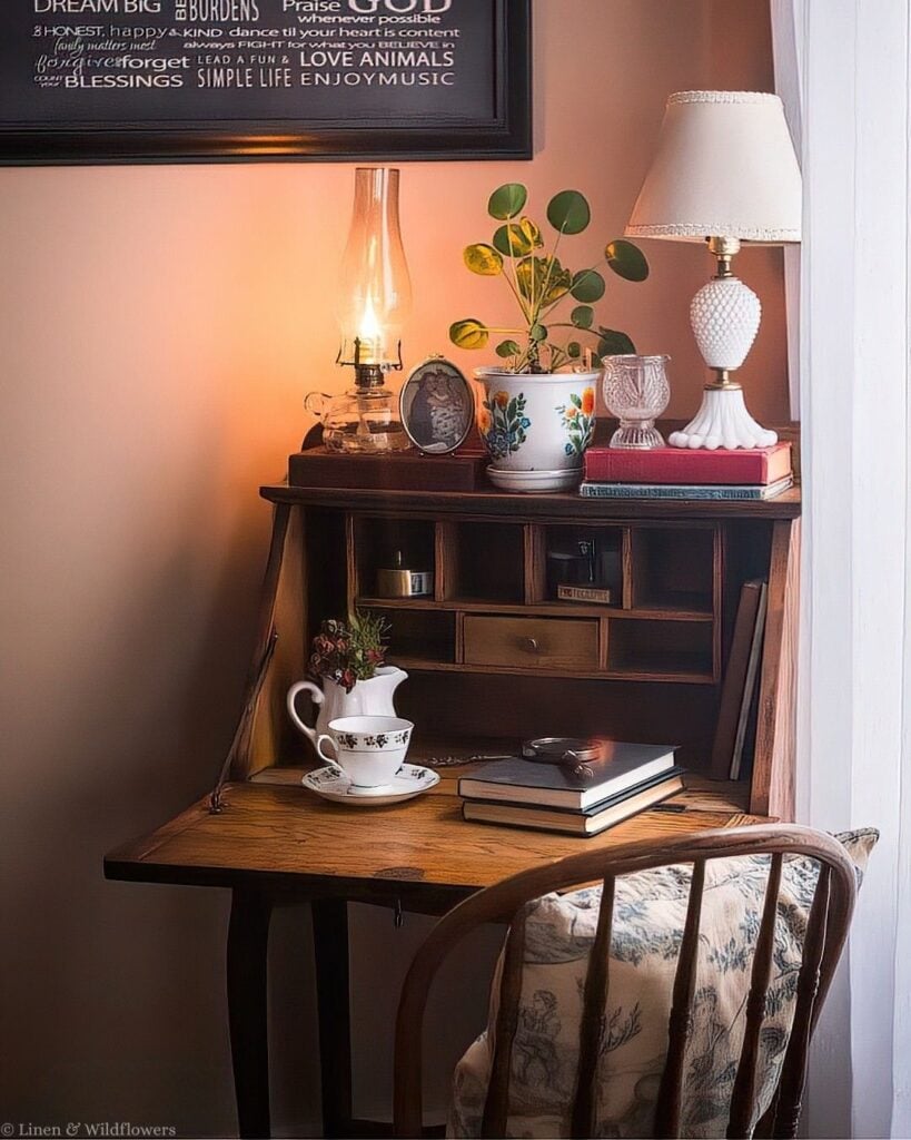 Antique secretary desk styled with old books, a milk glass lamp, a snake plant, and an Uncle Sam bank.