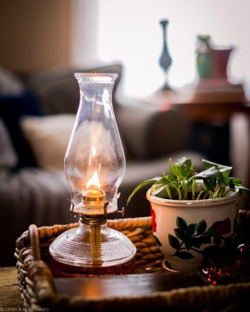 Lit glass oil lamp on a woven tray beside a pothos plant in a floral cream planter.