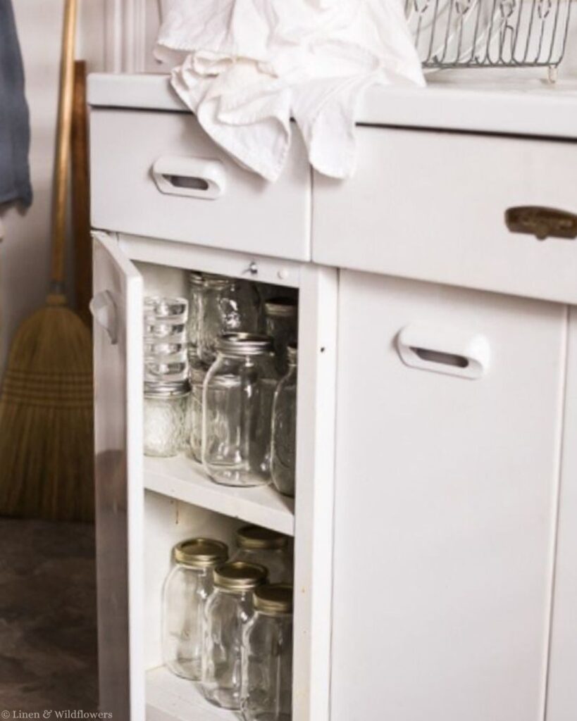 Vintage white metal kitchen cabinet with the door open showing canning jars and mason jars stored on shelves.