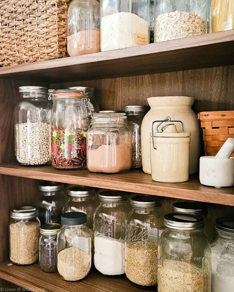Zero waste pantry shelves with glass jars of beans, pecans, cocoa, rice, and grains beside a stoneware crock.